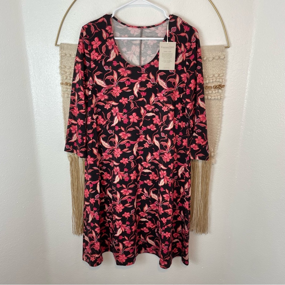 NWT Garnet Hill Red Pink Floral Seamed Knit Trapeze Dress M
